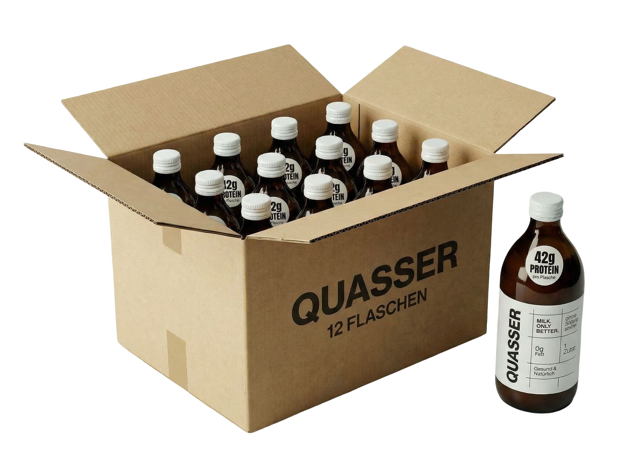 Quasser 12-bottle carton box with one bottle standing beside it